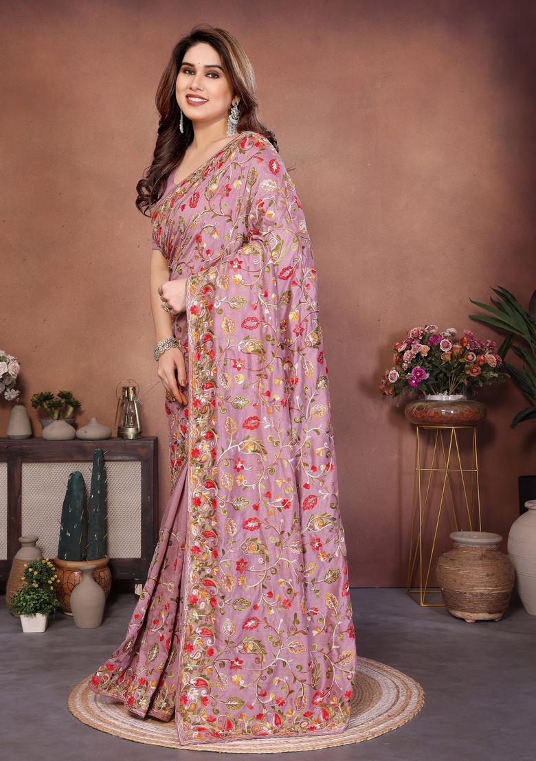 Pink Embroidery Silk Saree Set - Indya