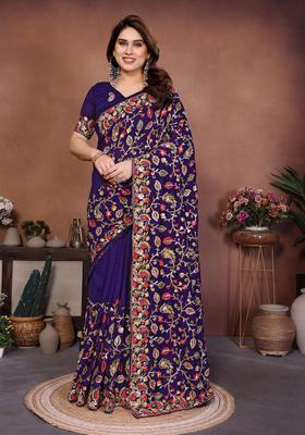 Purple Embroidery Silk Saree Set