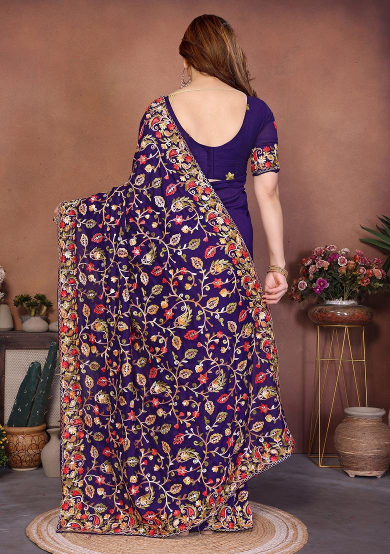 Purple Embroidery Silk Saree Set - Indya