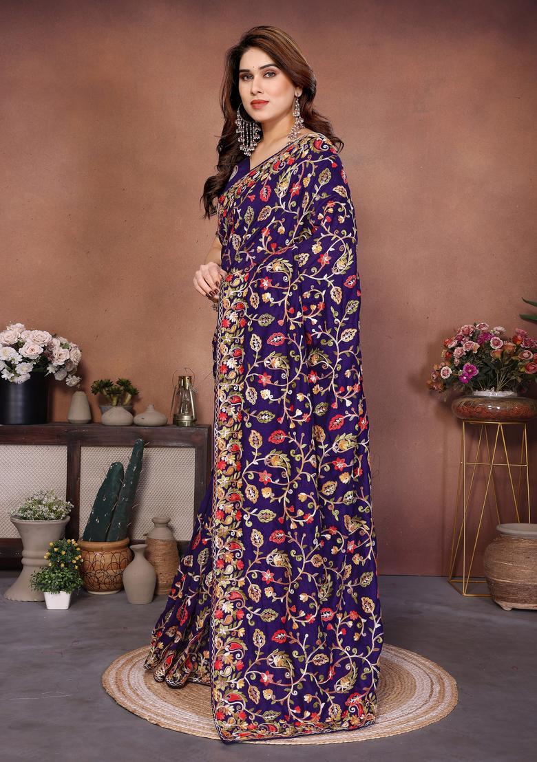 Purple Embroidery Silk Saree Set - Indya