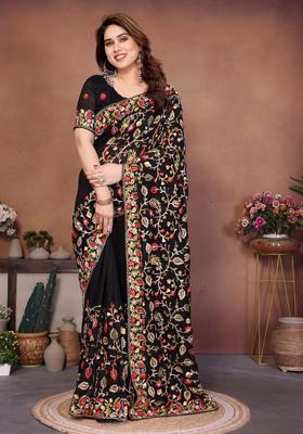 Black Embroidery Silk Saree Set