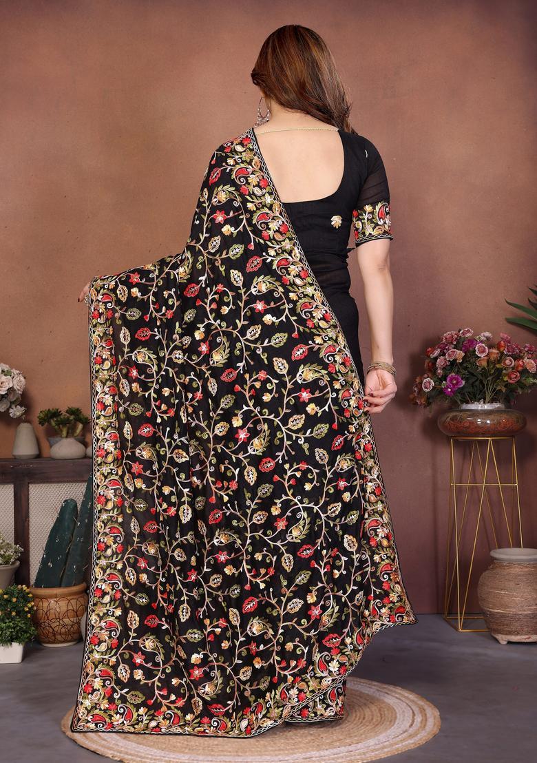 Black Embroidery Silk Saree Set - Indya