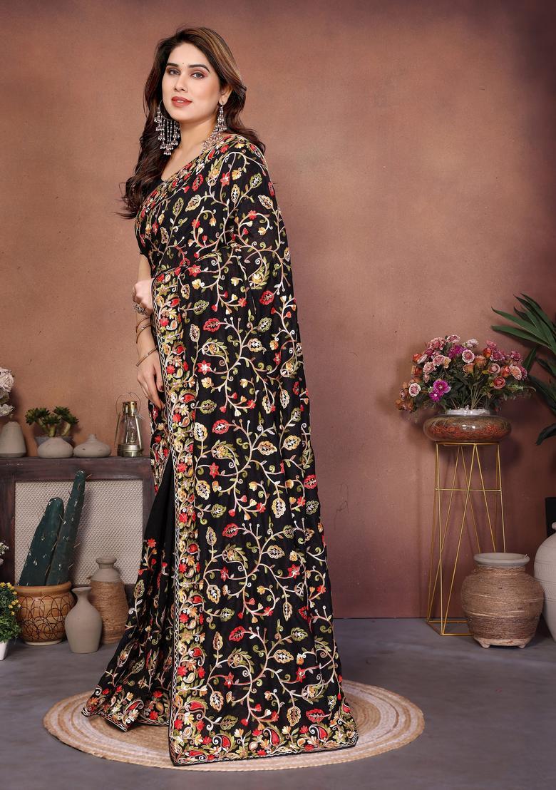 Black Embroidery Silk Saree Set - Indya