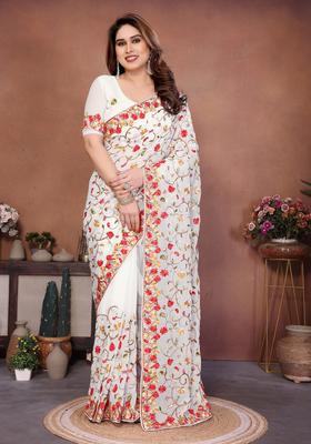 Off White Embroidery Georgette Saree Set