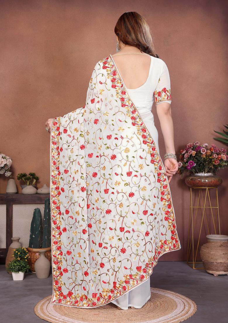 Off White Embroidery Georgette Saree Set - Indya
