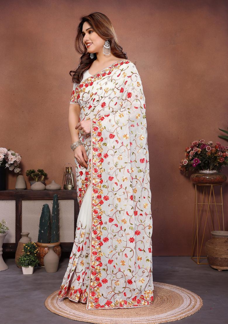 Off White Embroidery Georgette Saree Set - Indya
