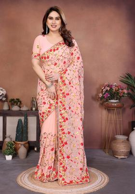 Peach Embroidery Georgette Saree Set