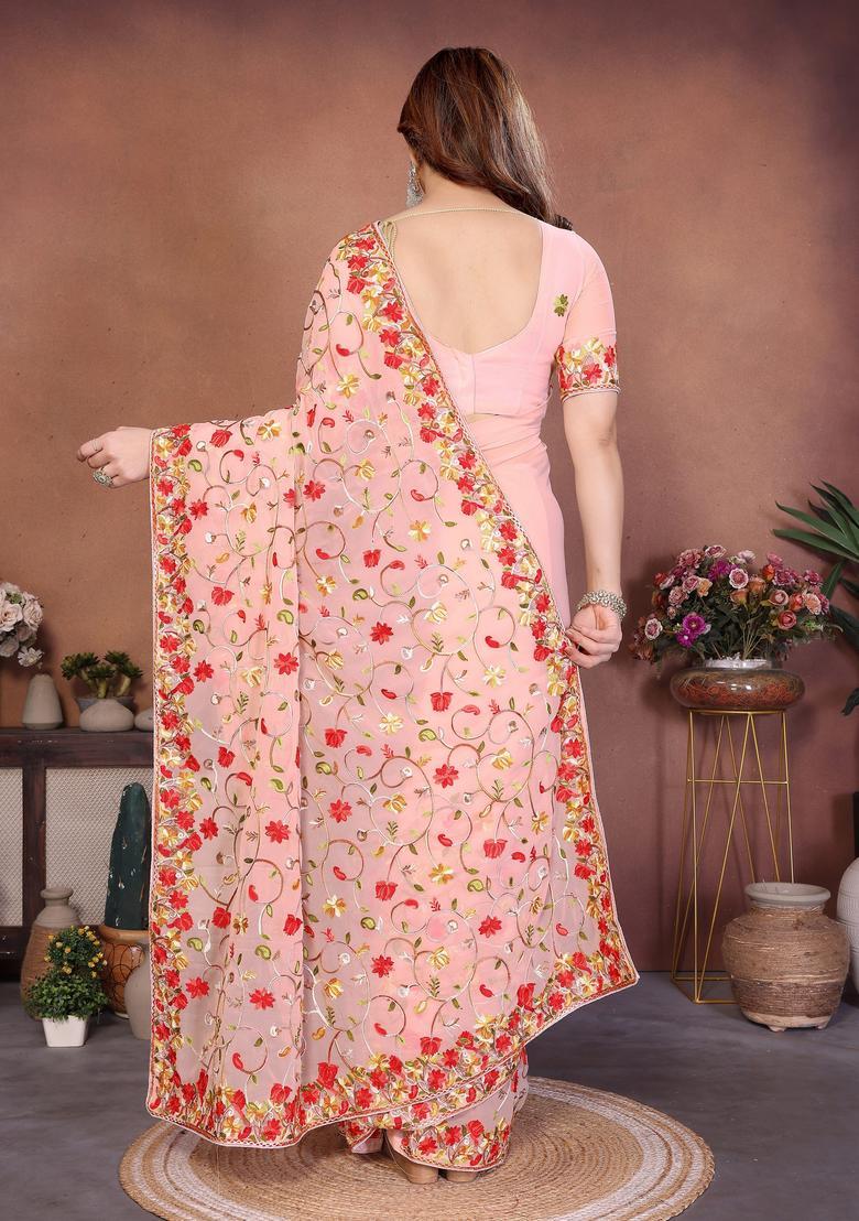 Peach Embroidery Georgette Saree Set - Indya