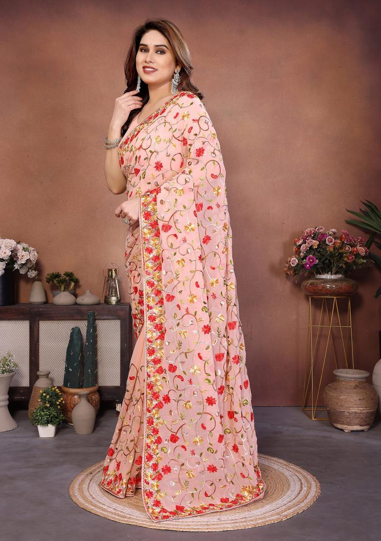 Peach Embroidery Georgette Saree Set - Indya