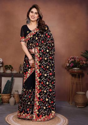 Black Embroidery Georgette Saree Set
