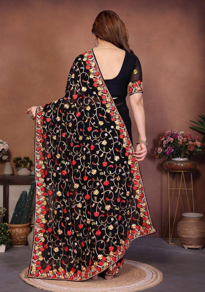 Black Embroidery Georgette Saree Set - Indya