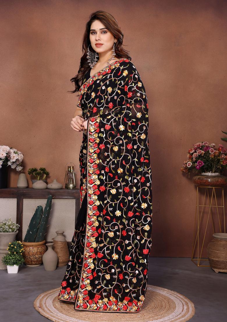 Black Embroidery Georgette Saree Set - Indya
