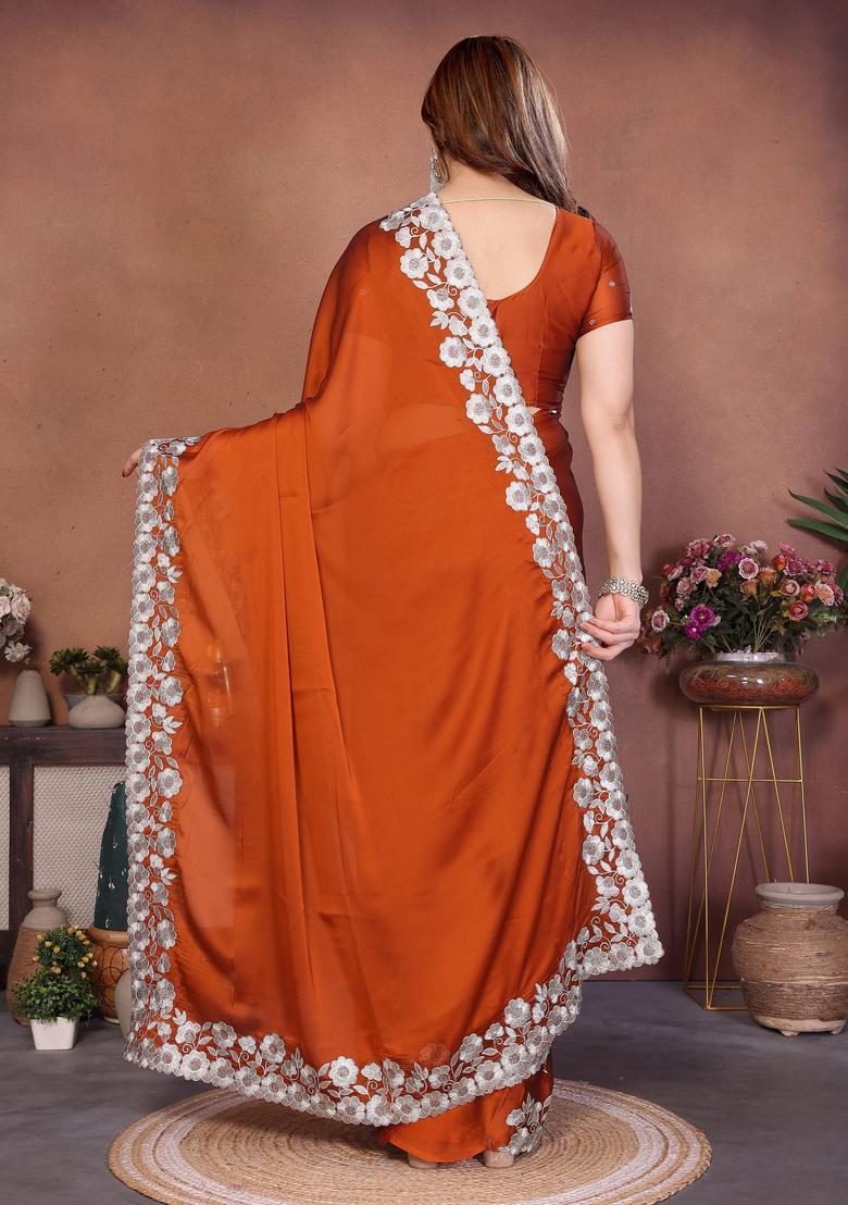 Red Embroidery Silk Saree Set - Indya