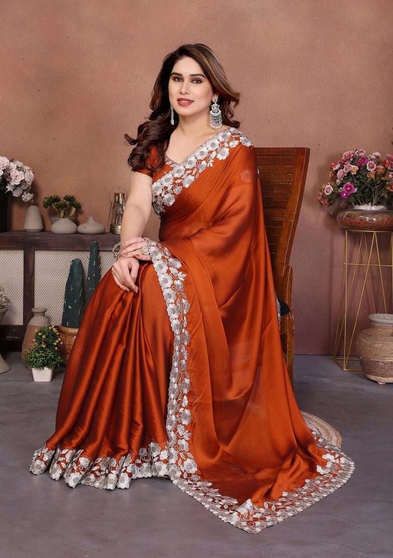 Red Embroidery Silk Saree Set - Indya
