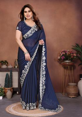 Blue Embroidery Silk Saree Set