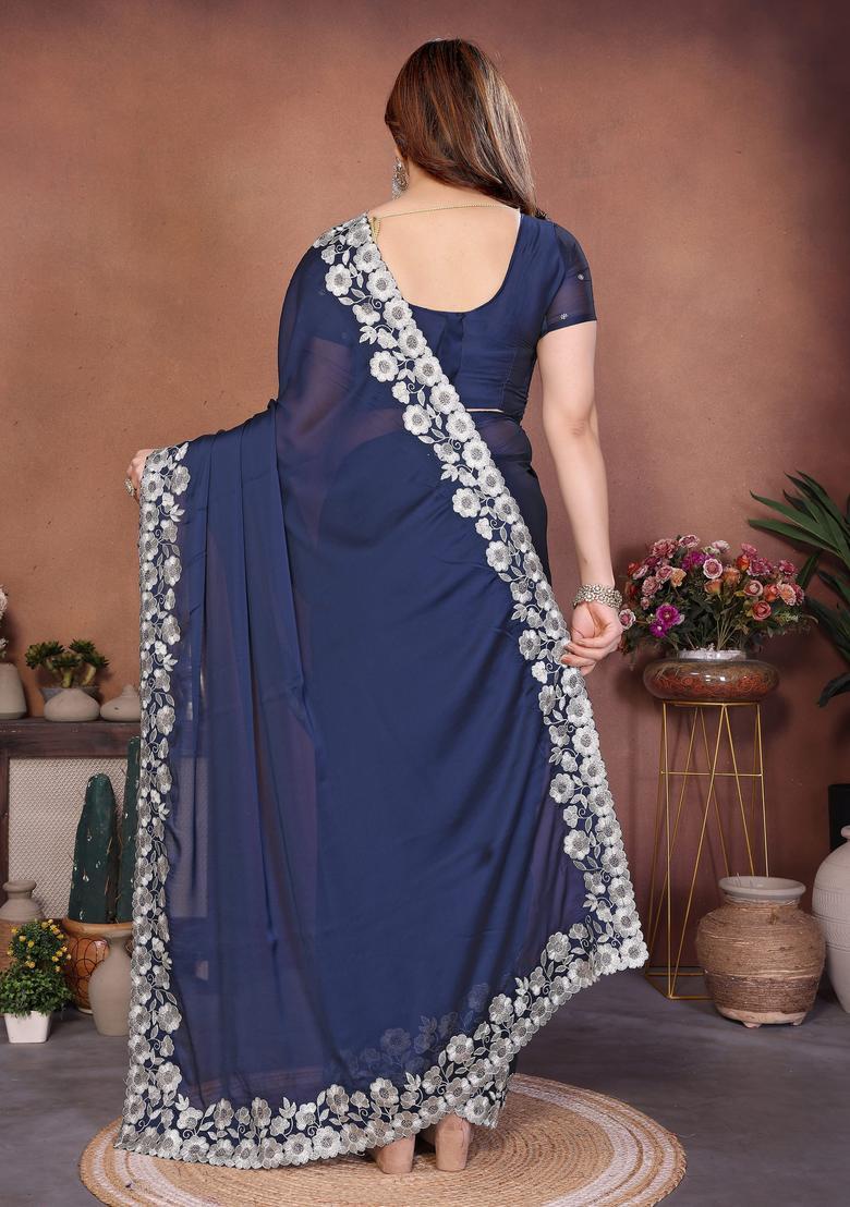 Blue Embroidery Silk Saree Set - Indya