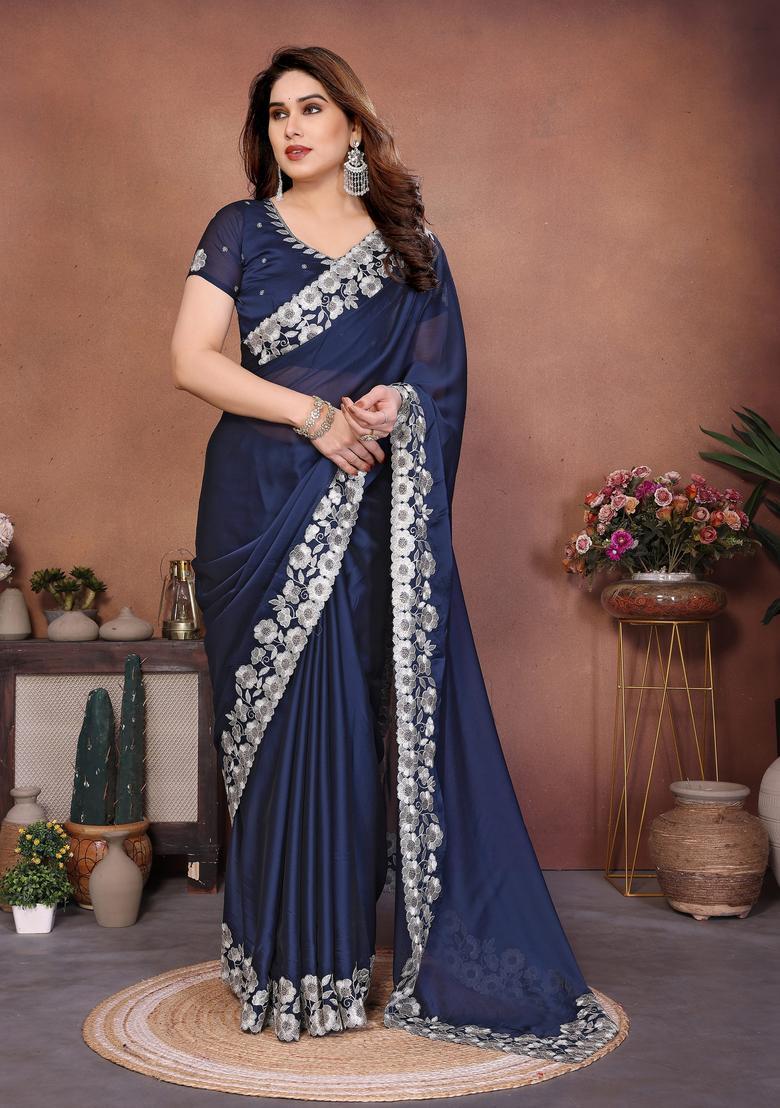 Blue Embroidery Silk Saree Set - Indya
