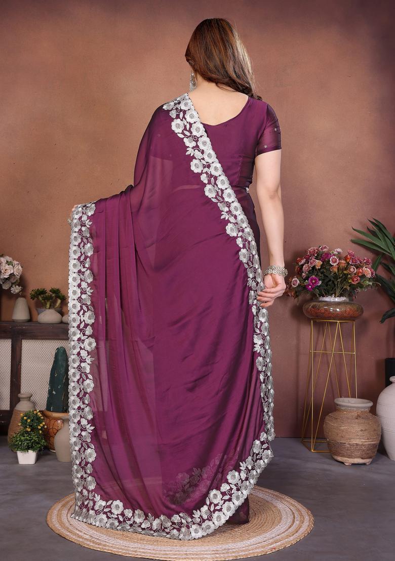 Wine Embroidery Silk Saree Set - Indya