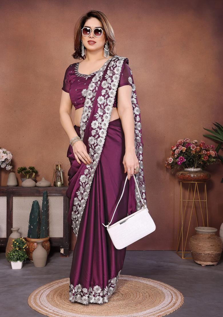 Wine Embroidery Silk Saree Set - Indya