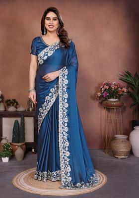 Blue Embroidery Silk Saree Set