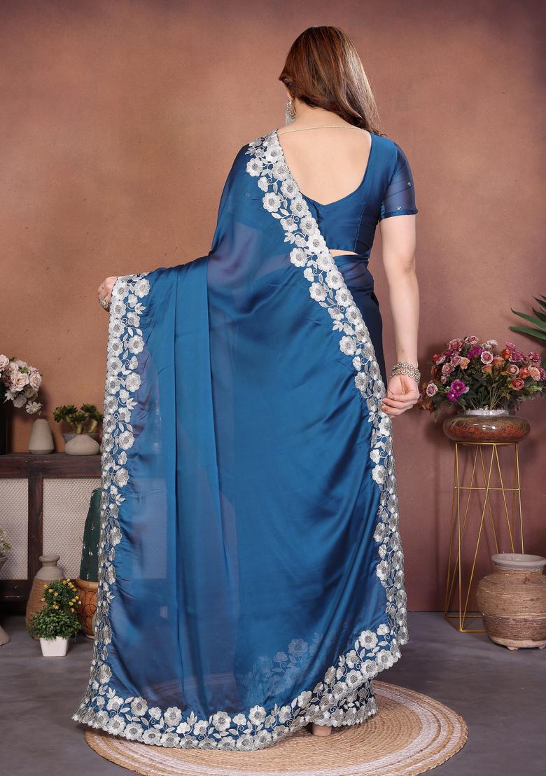 Blue Embroidery Silk Saree Set - Indya