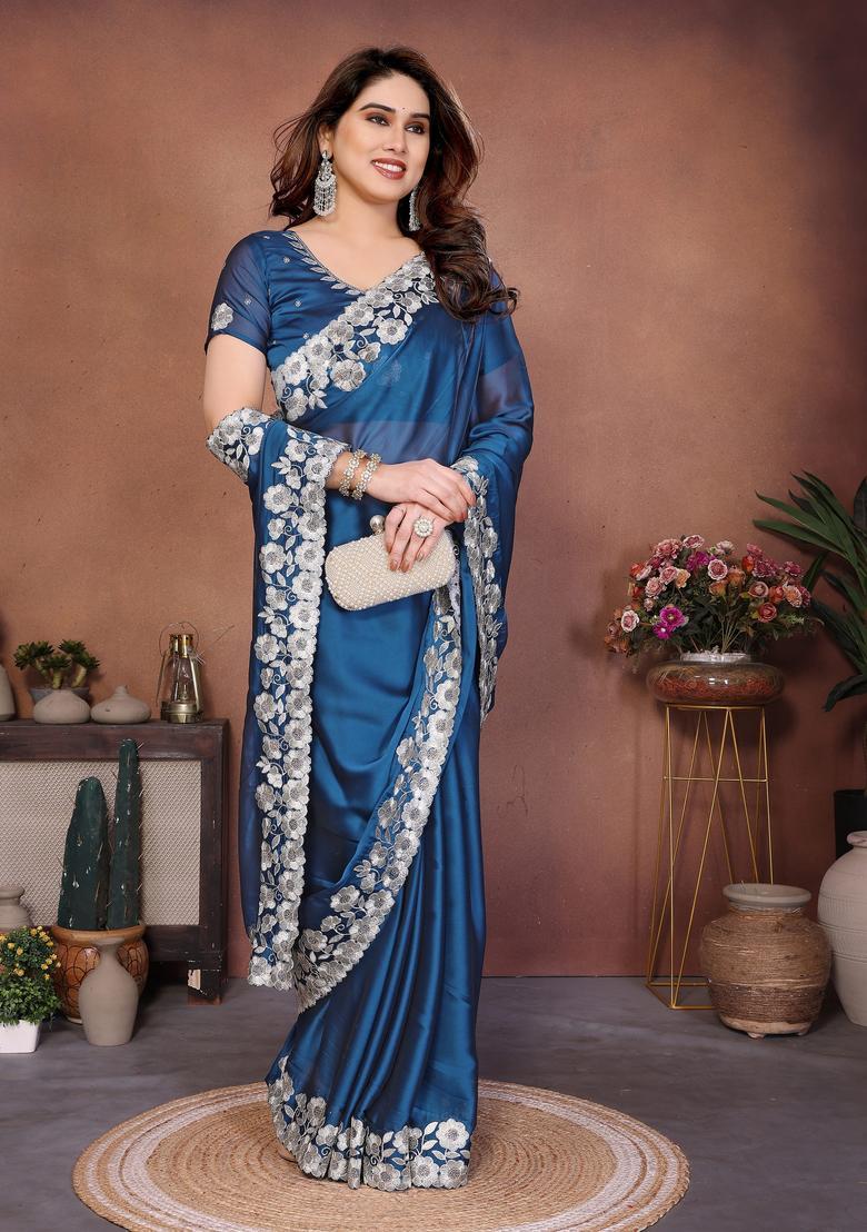 Blue Embroidery Silk Saree Set - Indya