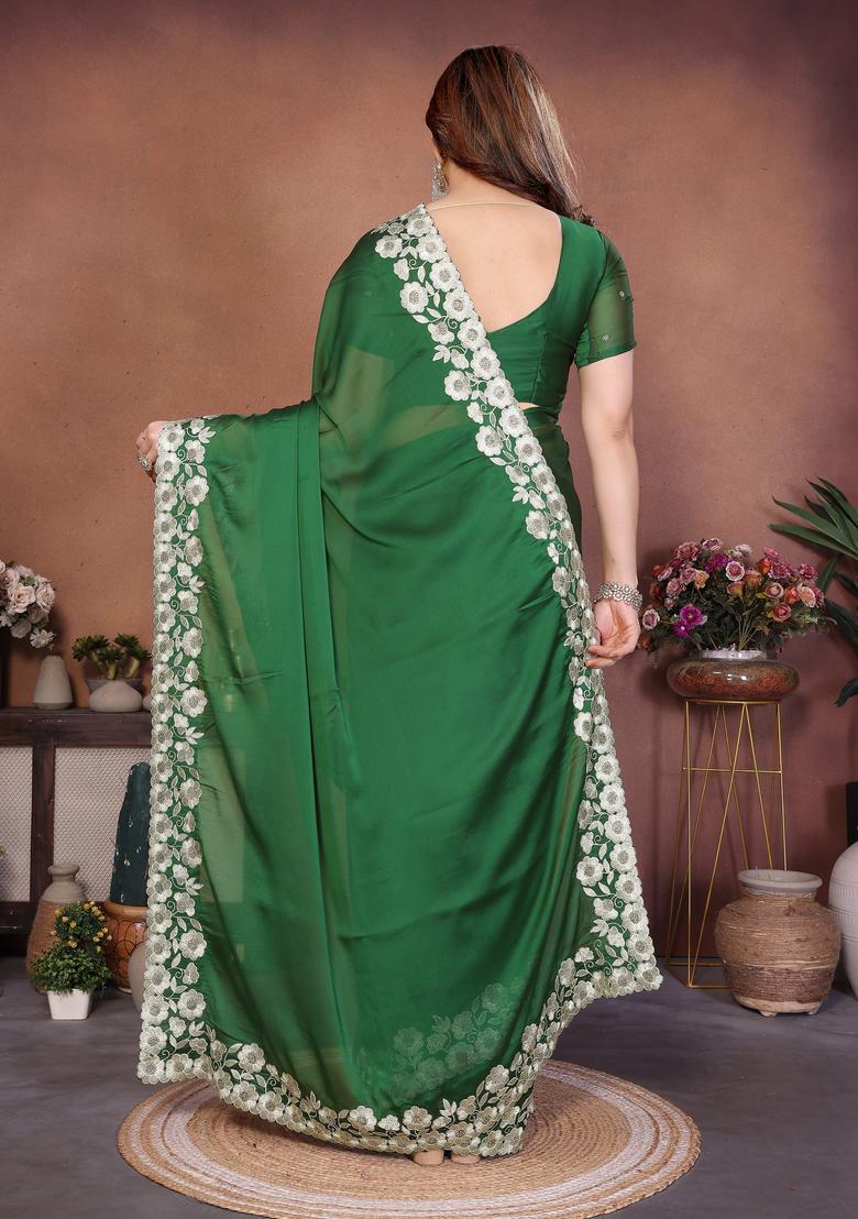 Green Embroidery Silk Saree Set - Indya