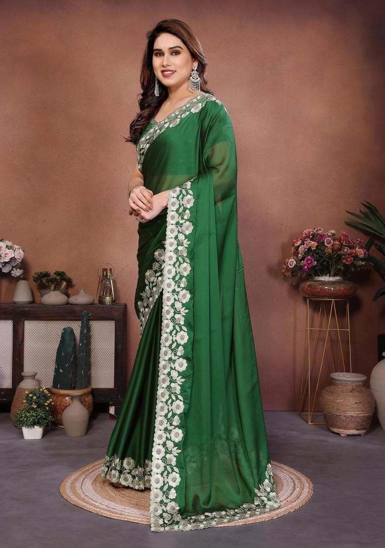 Green Embroidery Silk Saree Set - Indya