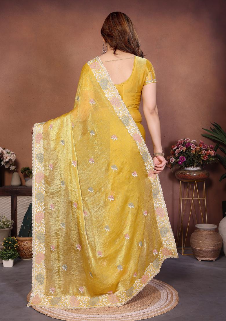Yellow Embroidery Chiffon Saree Set - Indya