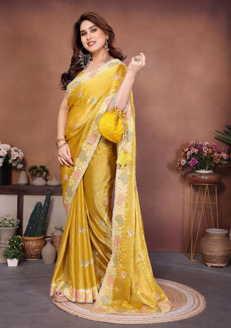 Yellow Embroidery Chiffon Saree Set - Indya