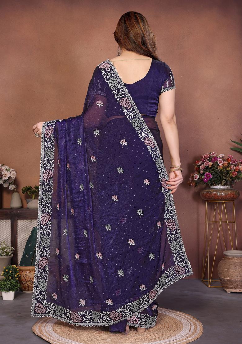 Blue Embroidery Chiffon Saree Set - Indya