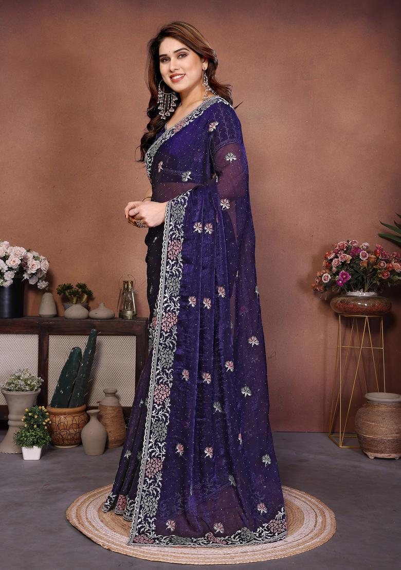 Blue Embroidery Chiffon Saree Set - Indya