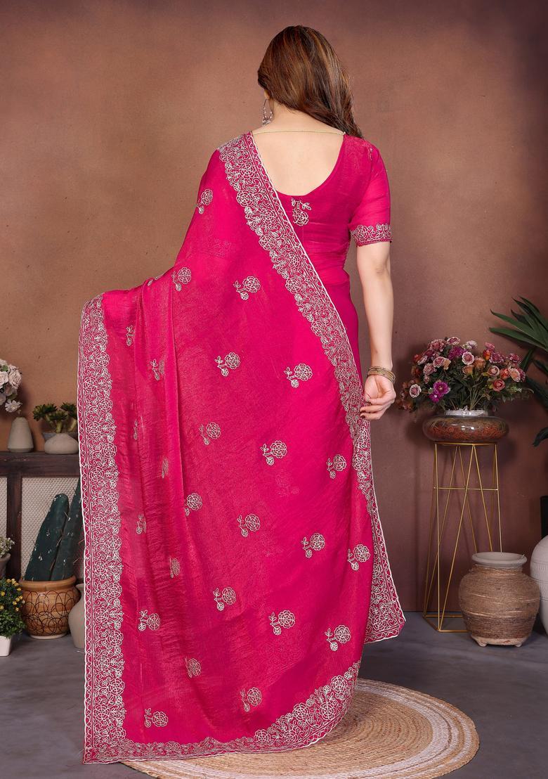 Pink Embroidery Chiffon Saree Set - Indya