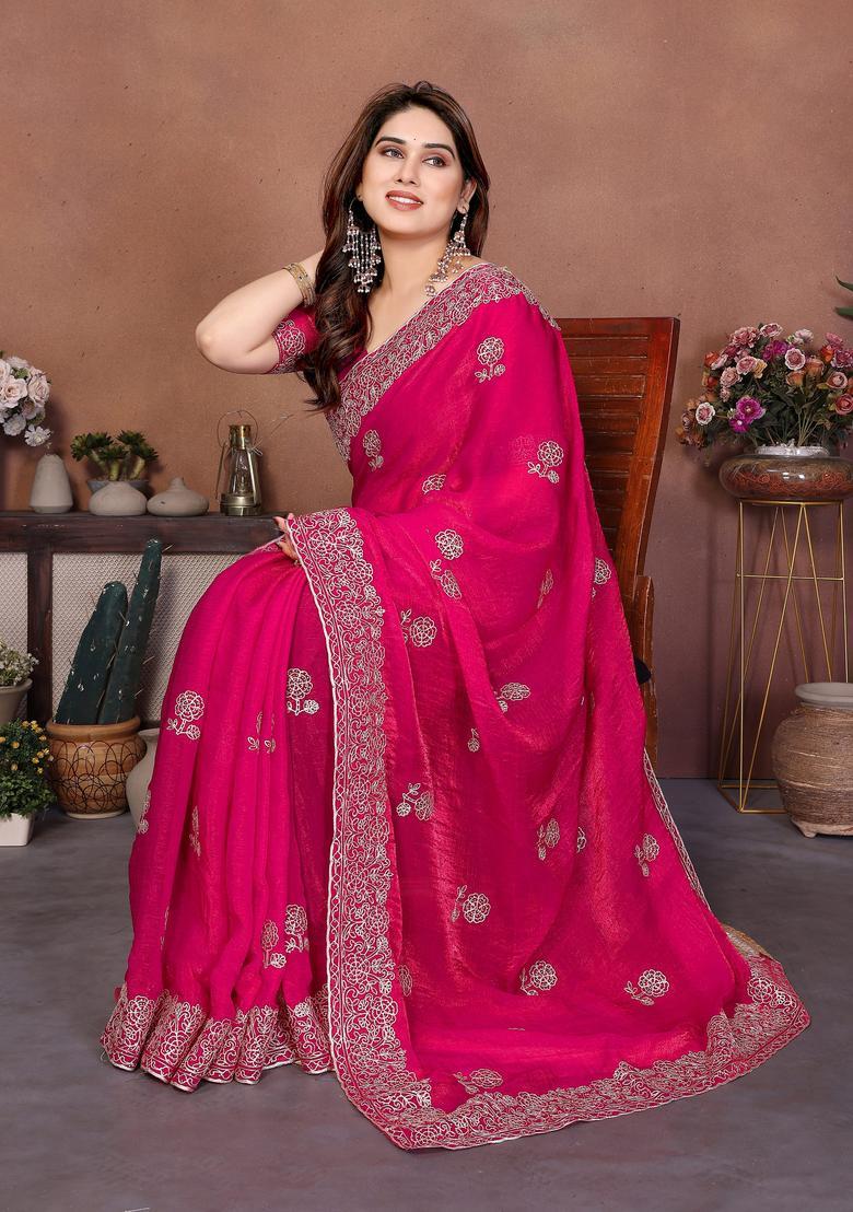 Pink Embroidery Chiffon Saree Set - Indya