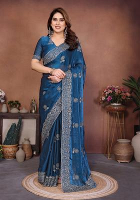 Teal Blue Embroidery Chiffon Saree Set