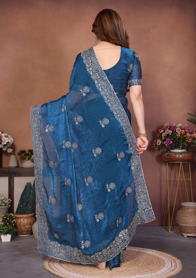Teal Blue Embroidery Chiffon Saree Set - Indya