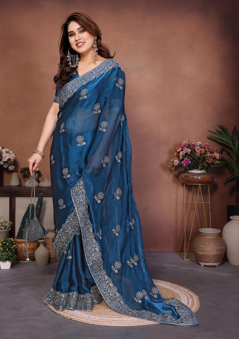 Teal Blue Embroidery Chiffon Saree Set - Indya