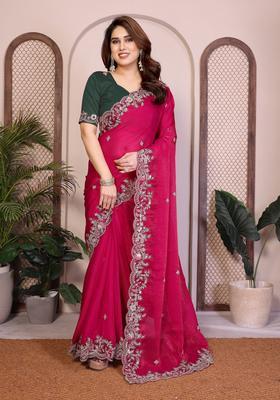 Pink Embroidery Chiffon Saree Set