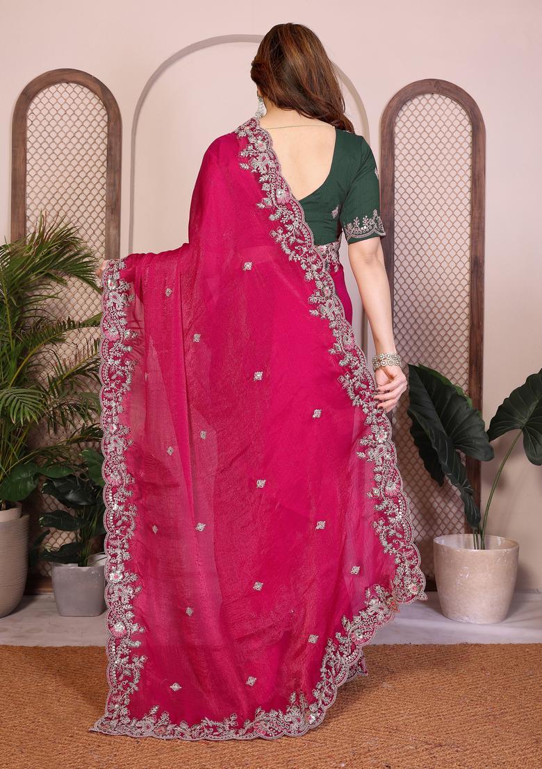 Pink Embroidery Chiffon Saree Set - Indya