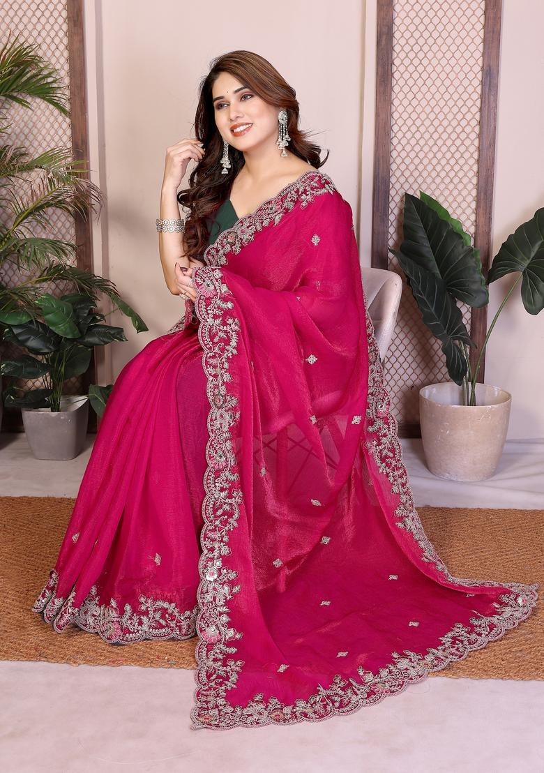Pink Embroidery Chiffon Saree Set - Indya