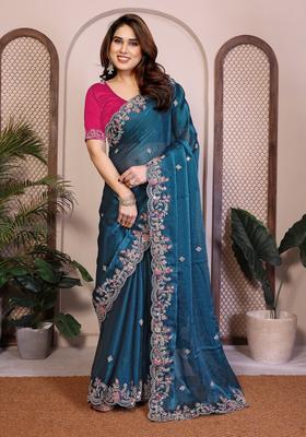Teal Blue Embroidery Chiffon Saree Set