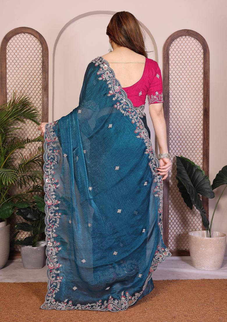 Teal Blue Embroidery Chiffon Saree Set - Indya
