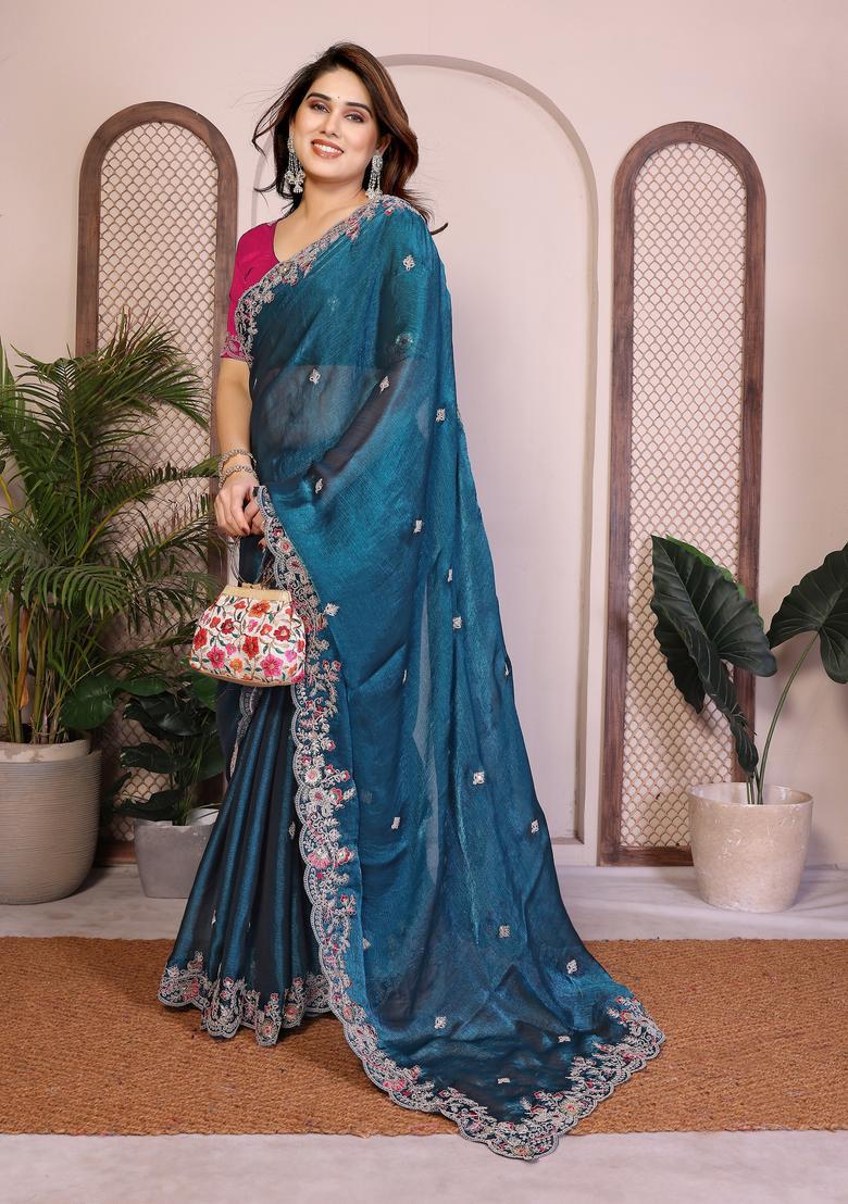 Teal Blue Embroidery Chiffon Saree Set - Indya
