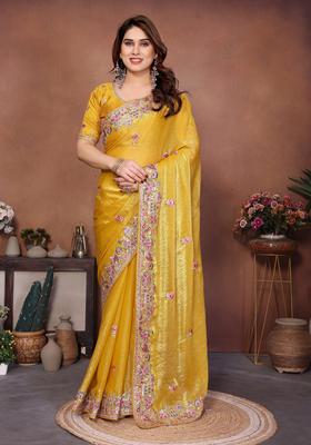 Yellow Embroidery Chiffon Saree Set