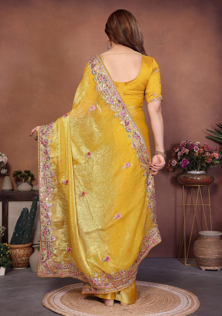 Yellow Embroidery Chiffon Saree Set - Indya