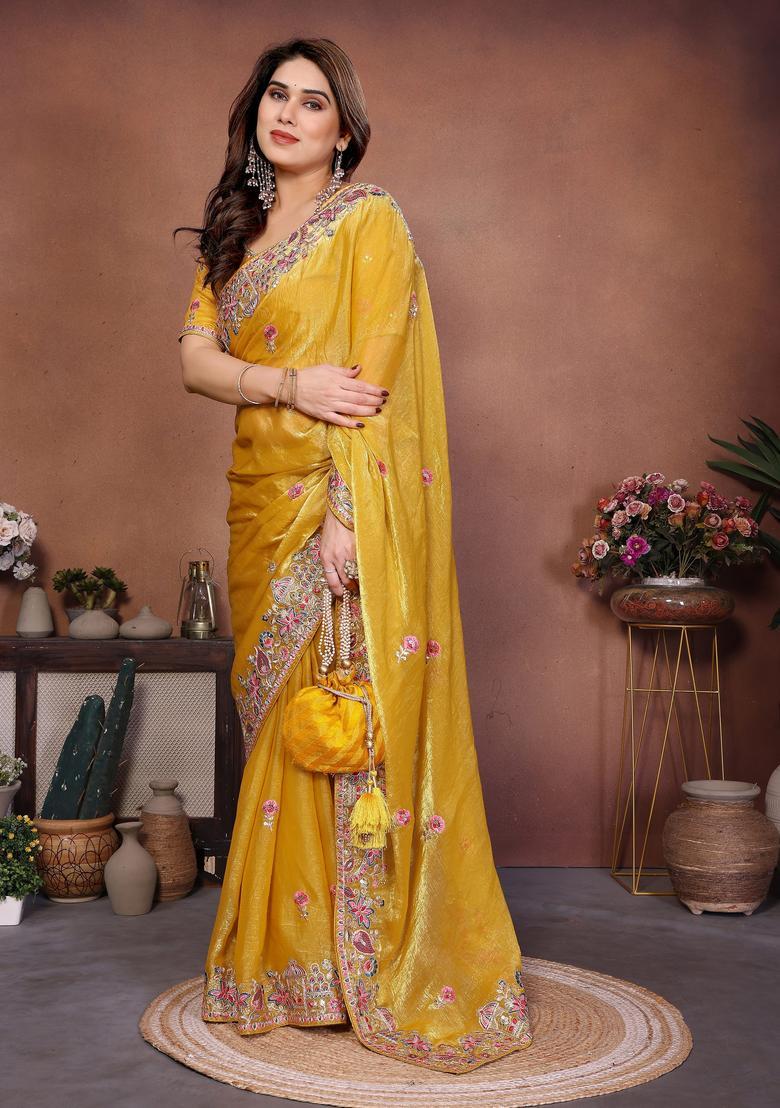 Yellow Embroidery Chiffon Saree Set - Indya