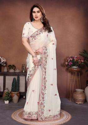 Off White Embroidery Chiffon Saree Set