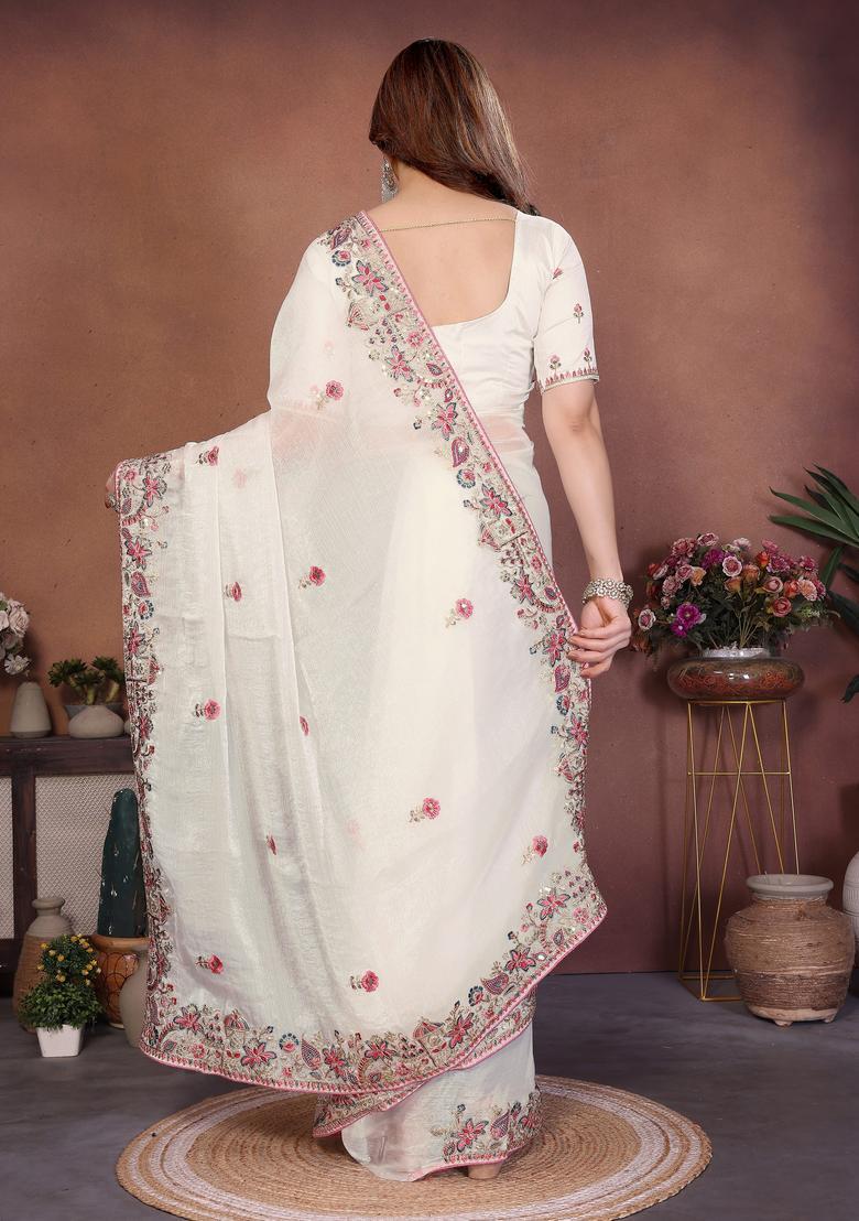 Off White Embroidery Chiffon Saree Set - Indya