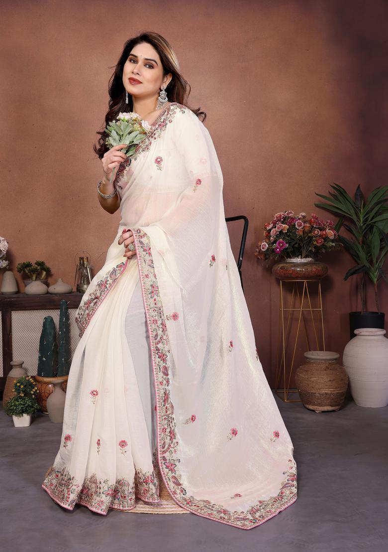 Off White Embroidery Chiffon Saree Set - Indya