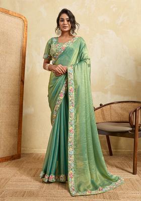 Green Embroidery Chiffon Saree Set
